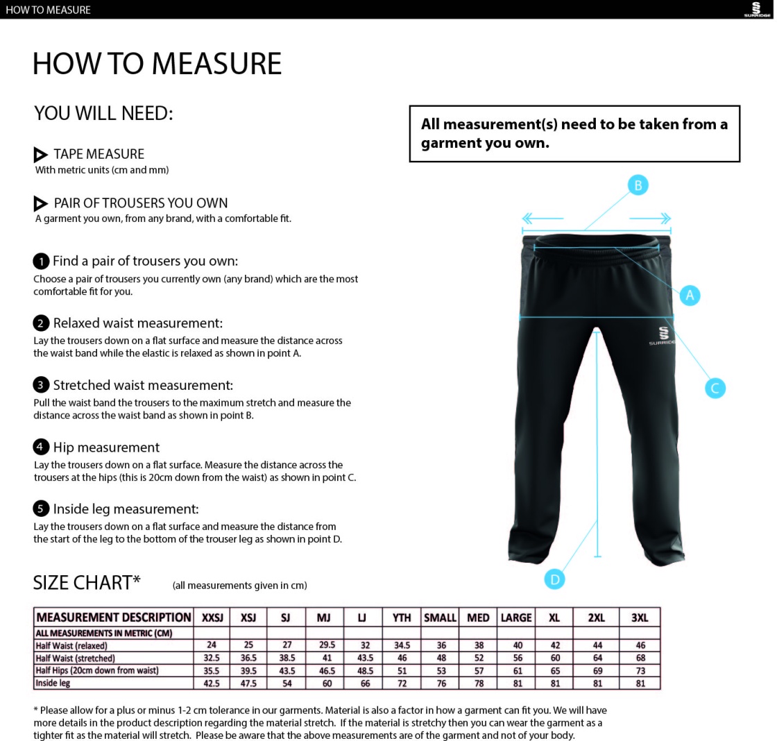 BARWICK IN ELMET CRICKET CLUB POPLIN TRACK PANT WITH LYCRA - Size Guide