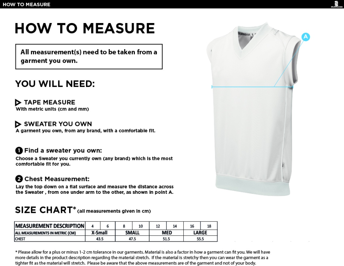 Barwick In Elmet CC - Blast Sleeveless Cricket Sweater - Women's Fit - Size Guide