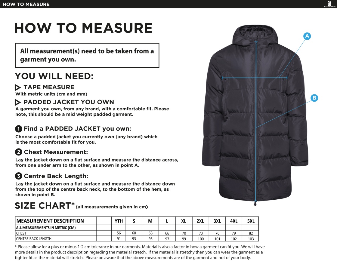 BARWICK IN ELMET CRICKET CLUB ACTIVE LONG PADDED JACKETS - Size Guide