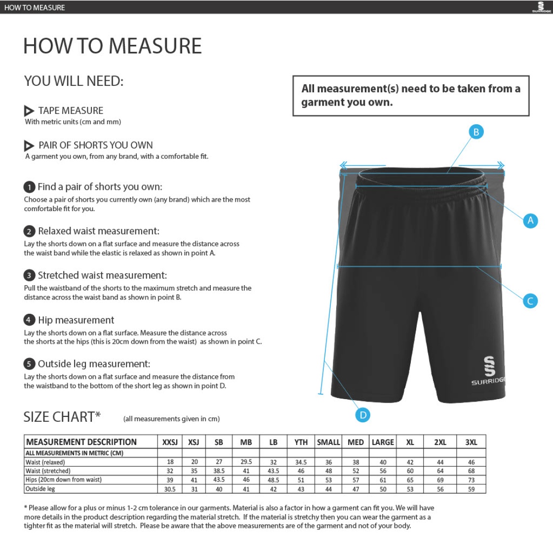 Barwick In Elmet CC - Fuse Short - Unisex Fit - Size Guide