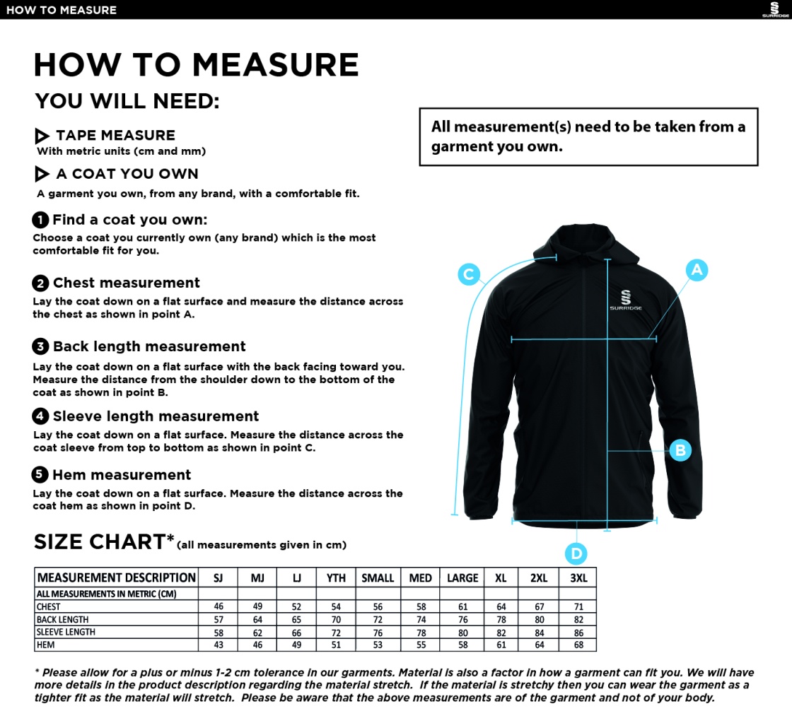 BARWICK IN ELMET CRICKET CLUB Dual Elite 1/4 Zip Hoody / Rain Jacket - Size Guide