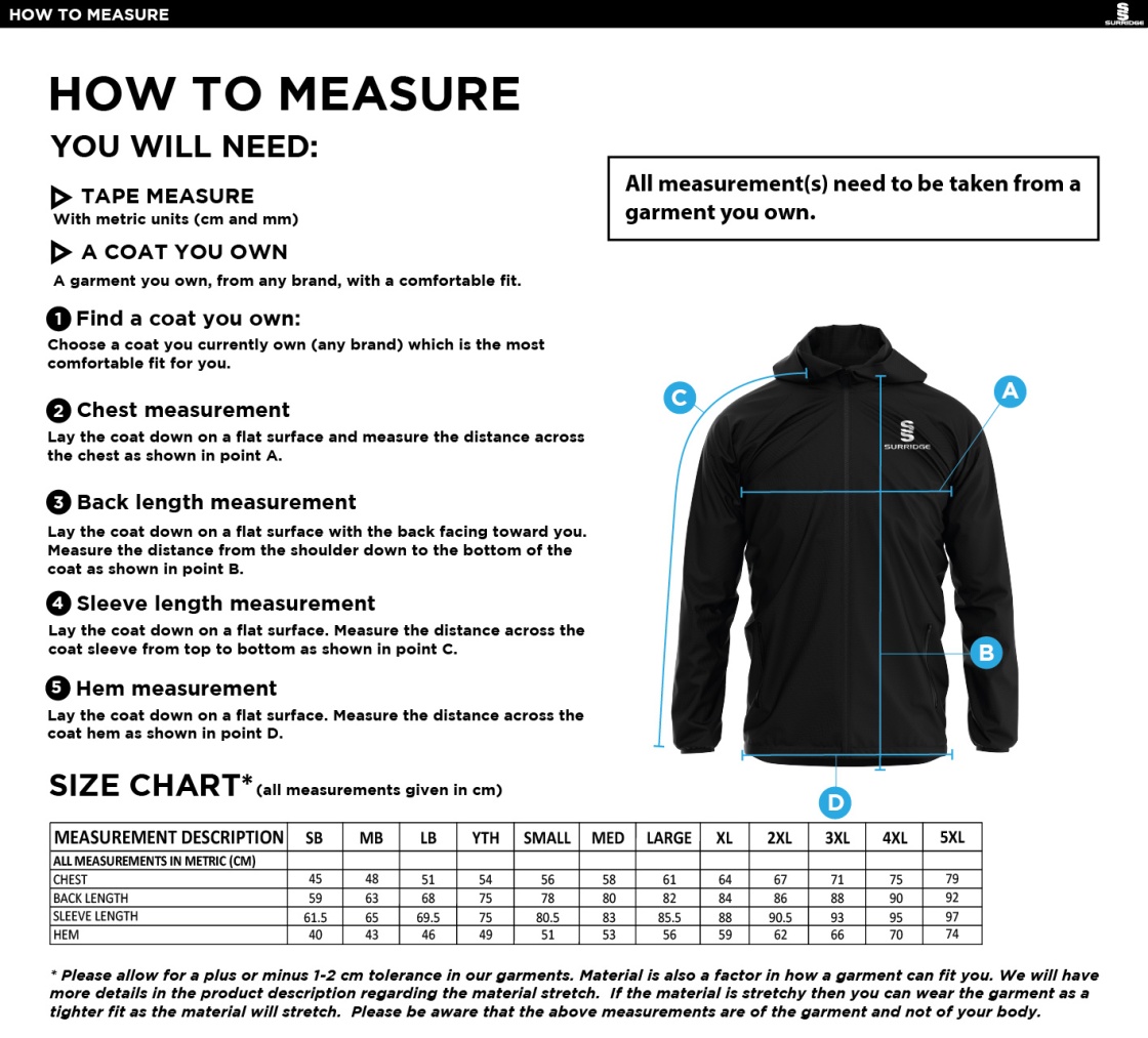 Barwick In Elmet CC - Dual Full Zip Training Jacket - Unisex Fit - Size Guide