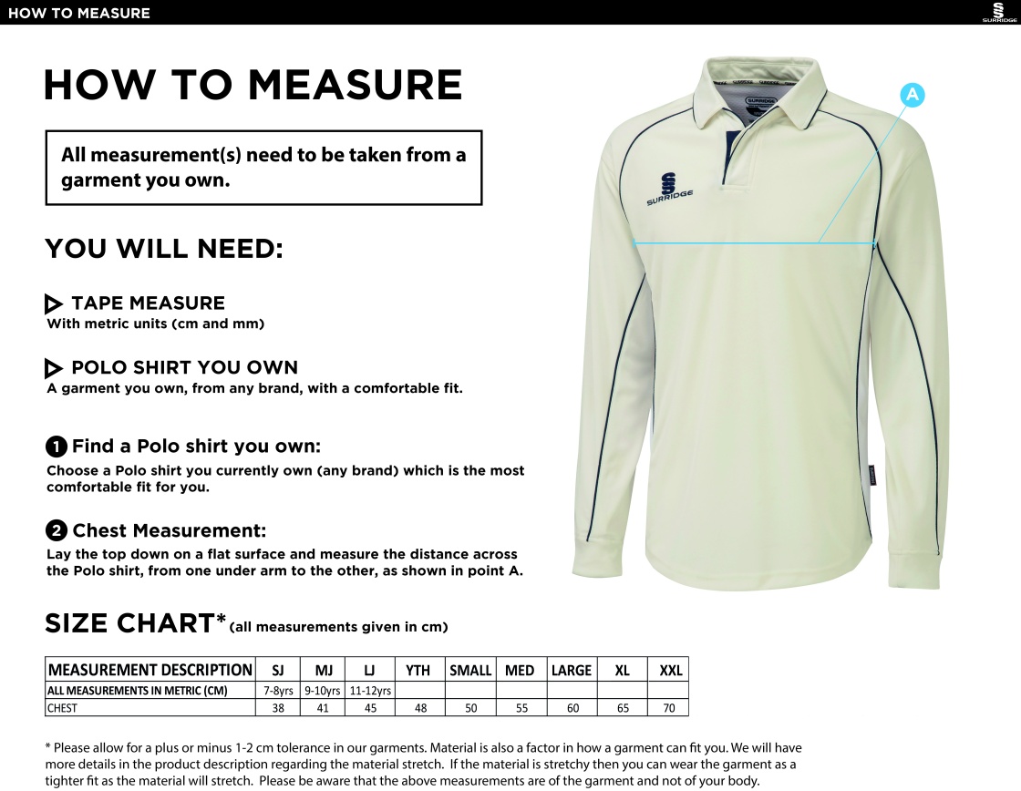 Barwick in Elmet CC Long Sleeve Shirt White Trim - Size Guide