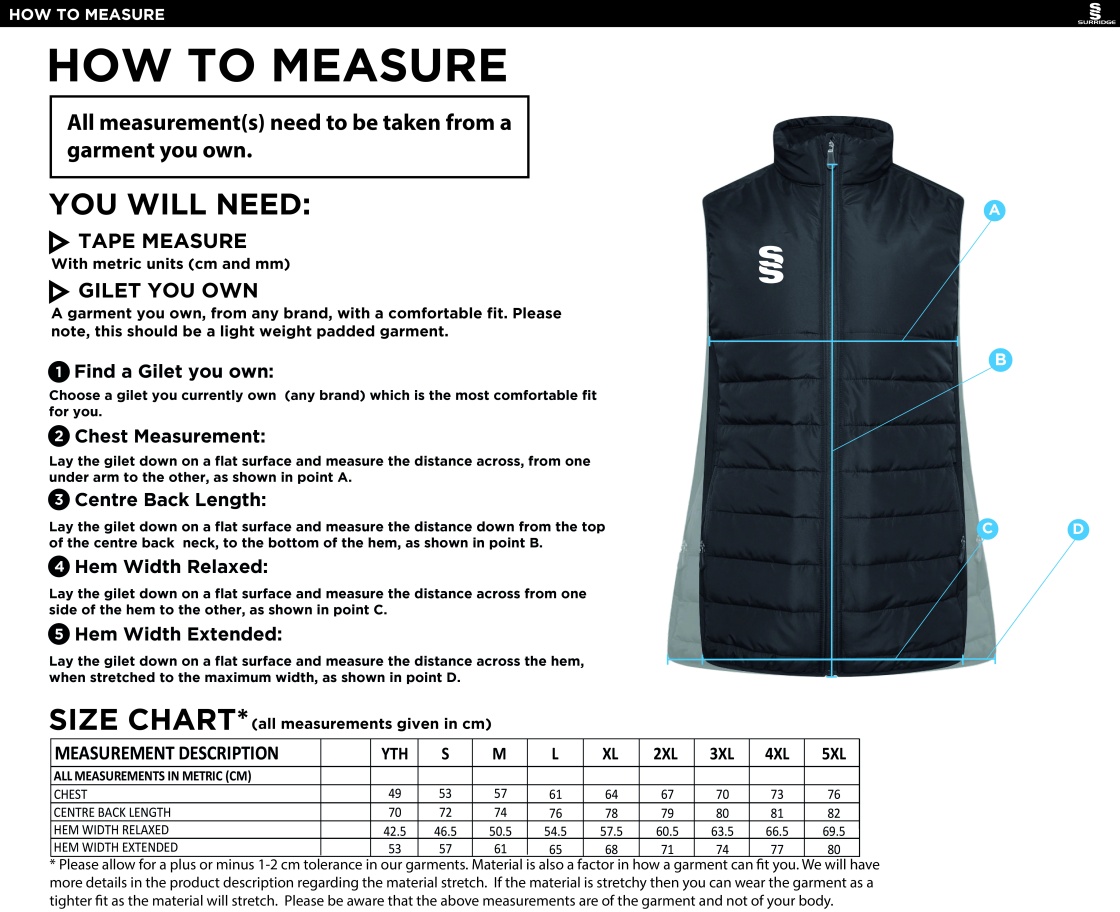 BARWICK IN ELMET CRICKET CLUB ACTIVE GILET - BLACK - Size Guide