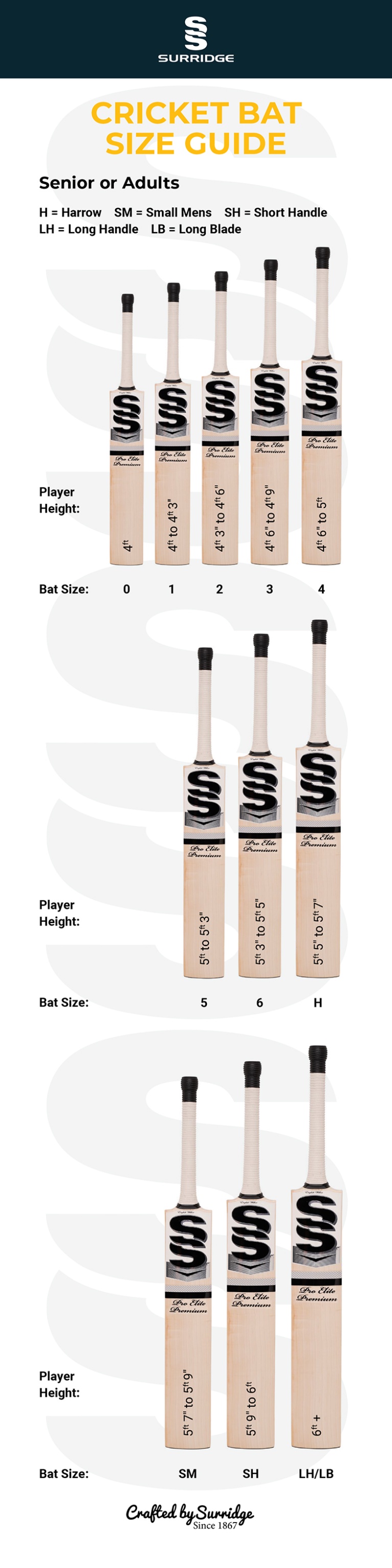 TURBO 333 RETRO BATS - Short Handle Grade 1 - Size Guide