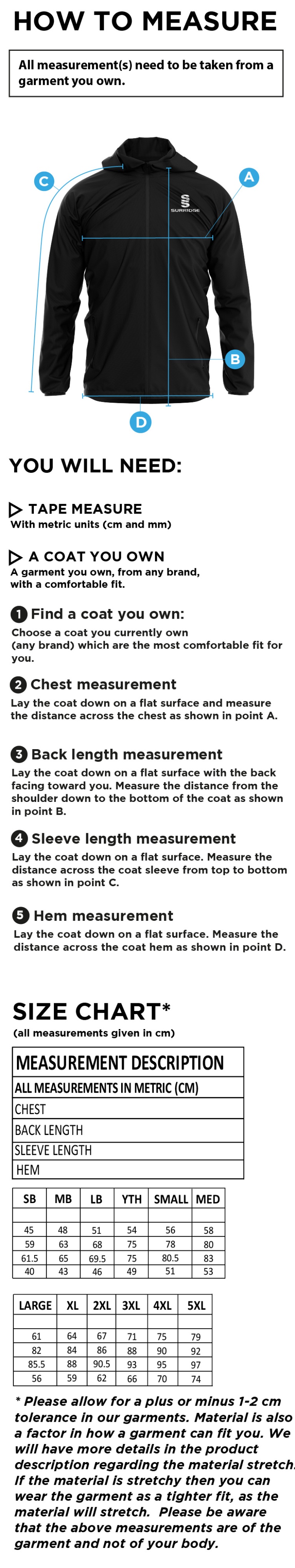 Barwick In Elmet CC - Dual Full Zip Training Jacket - Unisex Fit - Size Guide