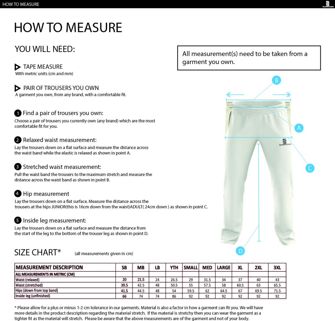 Barwick In Elmet CC - Standard Playing Pant - Unisex Fit - Size Guide