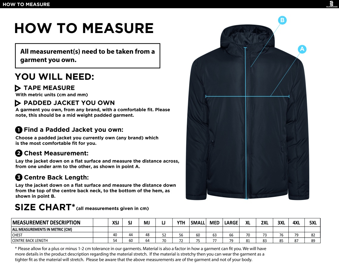 BARWICK IN ELMET CRICKET CLUB Active Padded Jacket - Black - Size Guide