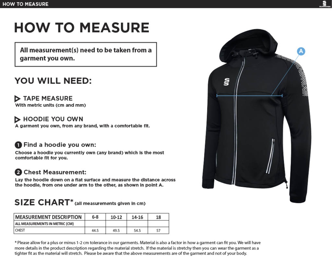 Barwick In Elmet CC - Dual Full Zip Hoody - Women's Fit - Size Guide