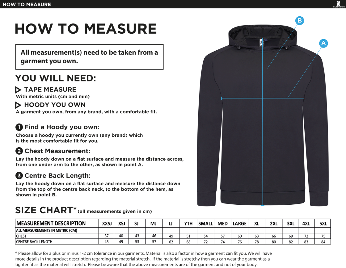 BARWICK IN ELMET CRICKET CLUB ACTIVE HOODY BLACK - Size Guide