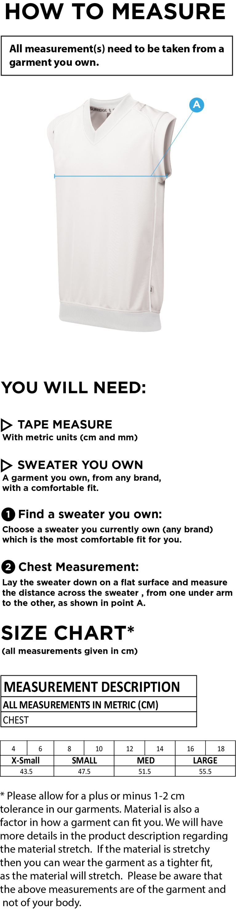 Barwick In Elmet CC - Blast Sleeveless Cricket Sweater - Women's Fit - Size Guide