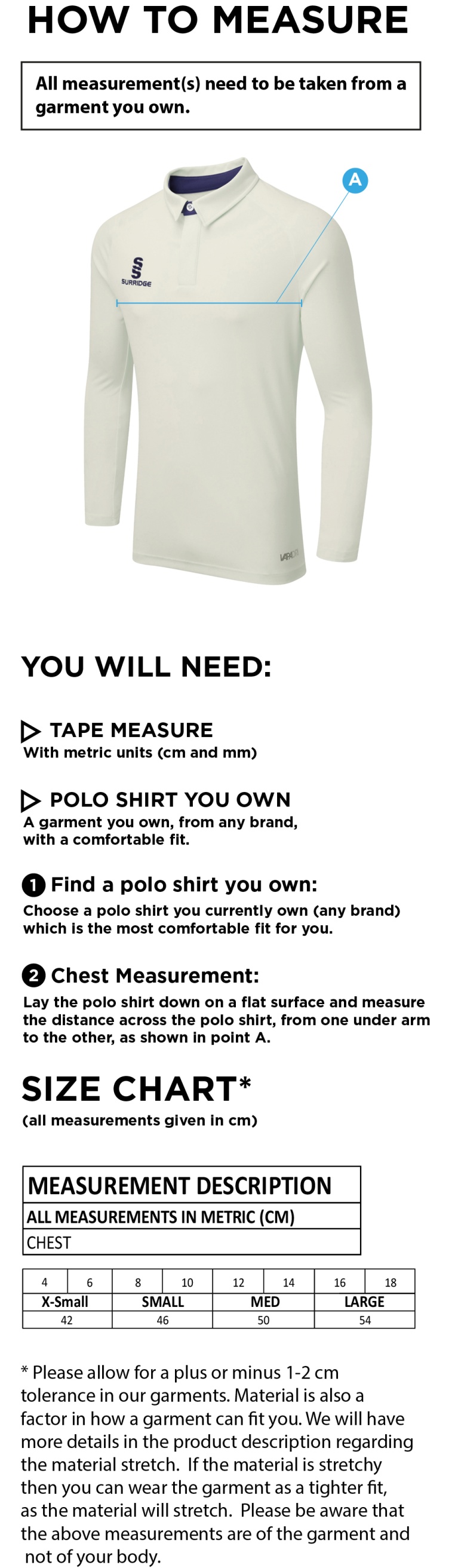 Barwick In Elmet CC - Dual Long Sleeve Cricket Shirt - Women's Fit - Size Guide