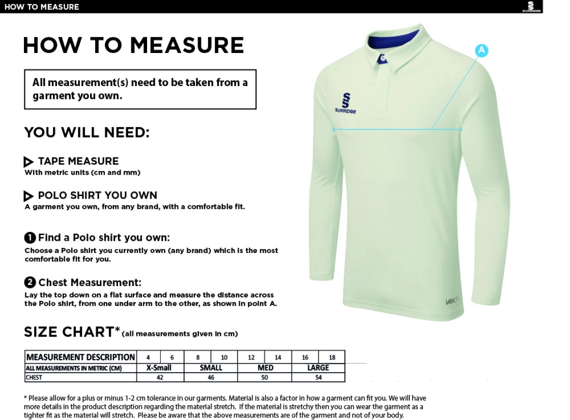 Barwick In Elmet CC - Dual Long Sleeve Cricket Shirt - Women's Fit - Size Guide
