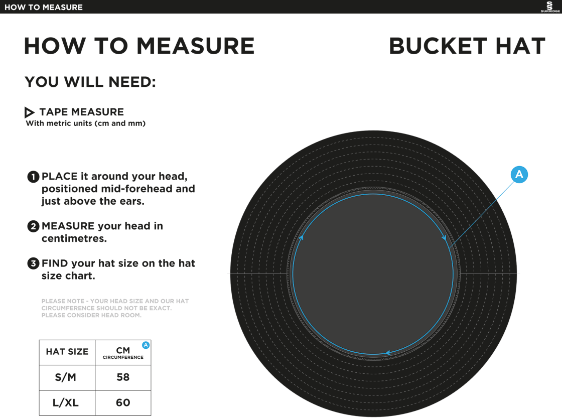 Barwick In Elmet CC - Dual Bucket Hat - Black - Size Guide