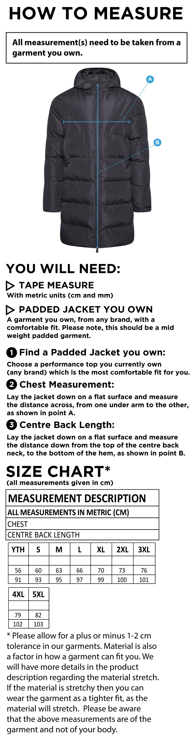 BARWICK IN ELMET CRICKET CLUB ACTIVE LONG PADDED JACKETS - Size Guide