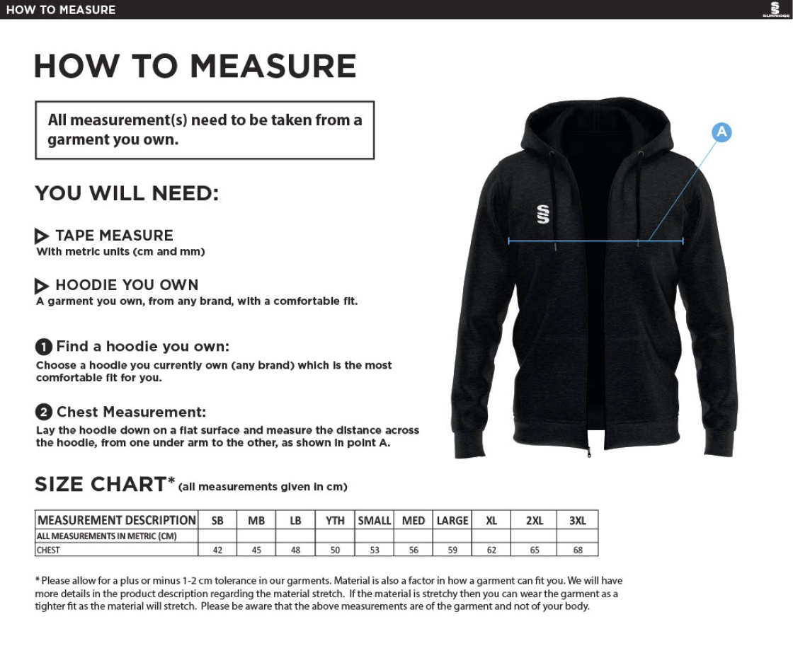 Barwick In Elmet CC - Dual Full Zip Hoody - Unisex Fit - Size Guide